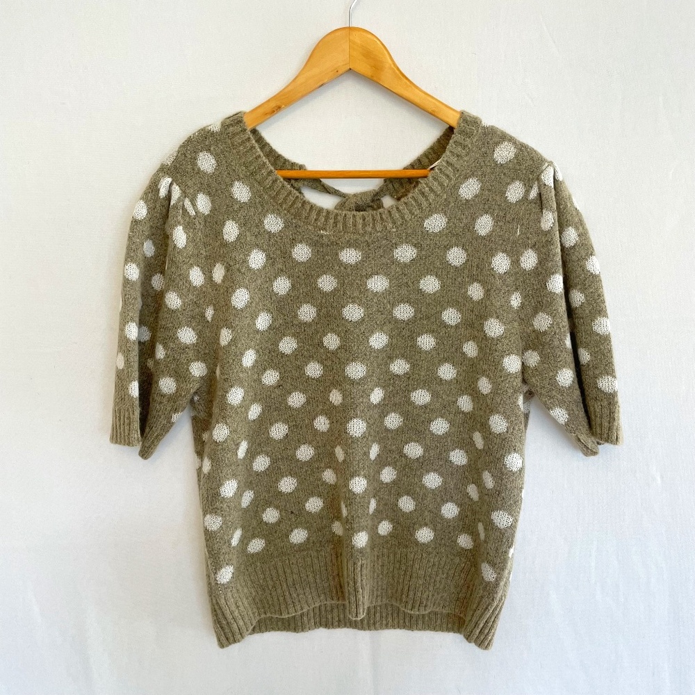 VERSONA Women’s XXL Short Sleeve Knit Sweater Taupe w/White Polka Dots
